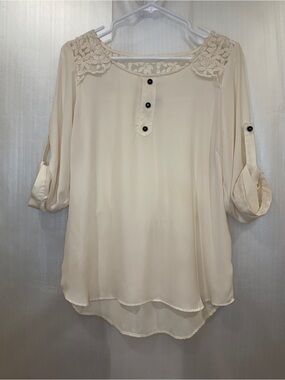 Chocolate Cream Boho Floral Lace-Shoulder Tunic Blouse Sz L